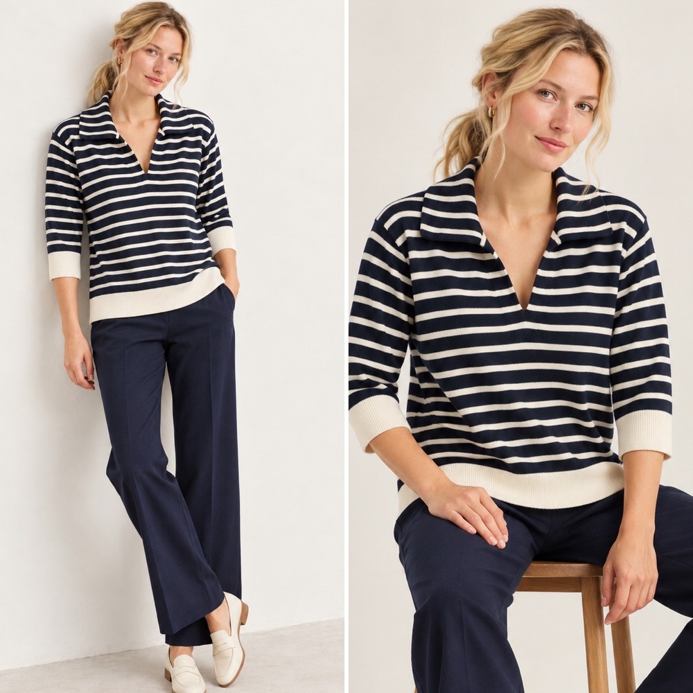 J. Jill Striped Sweater Medium Navy Blue White Split Neck 3/4 Sleeve Pullover